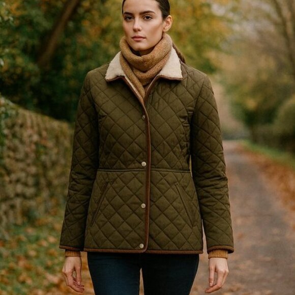 Ralph Lauren Quilted Jacket S NWT Olive Green Faux Sherpa Collar Barn Coat - Picture 1 of 9